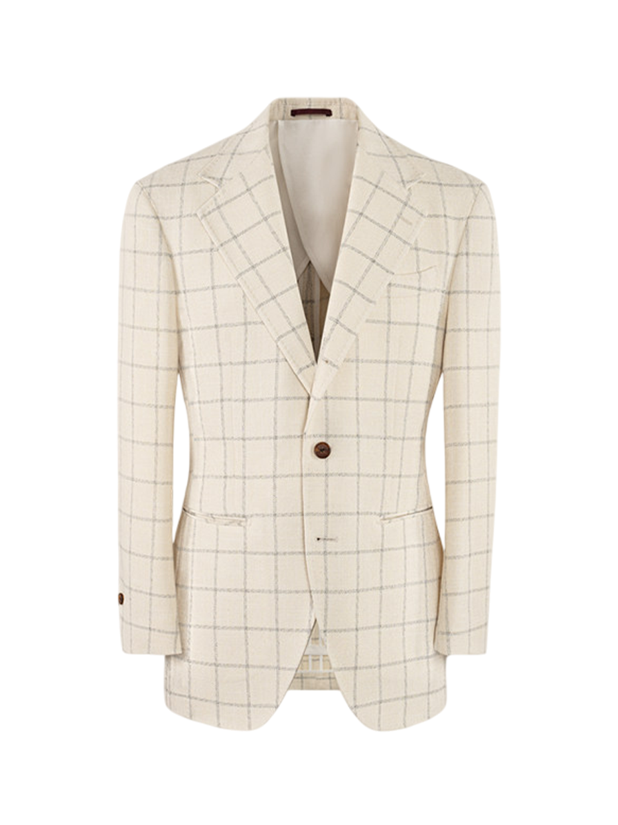 Blazer single breasted, desestruturado com lapela notched, lã mista - Off White Windowpane - CULTUM