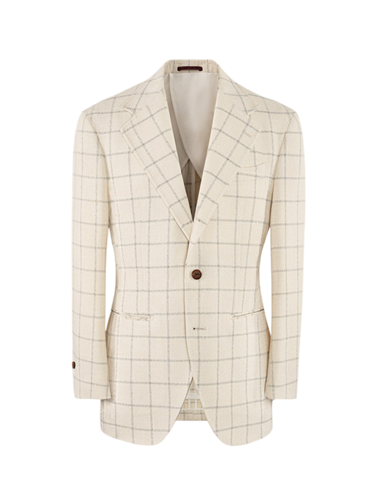Blazer single breasted, desestruturado com lapela notched, lã mista - Off White Windowpane - CULTUM