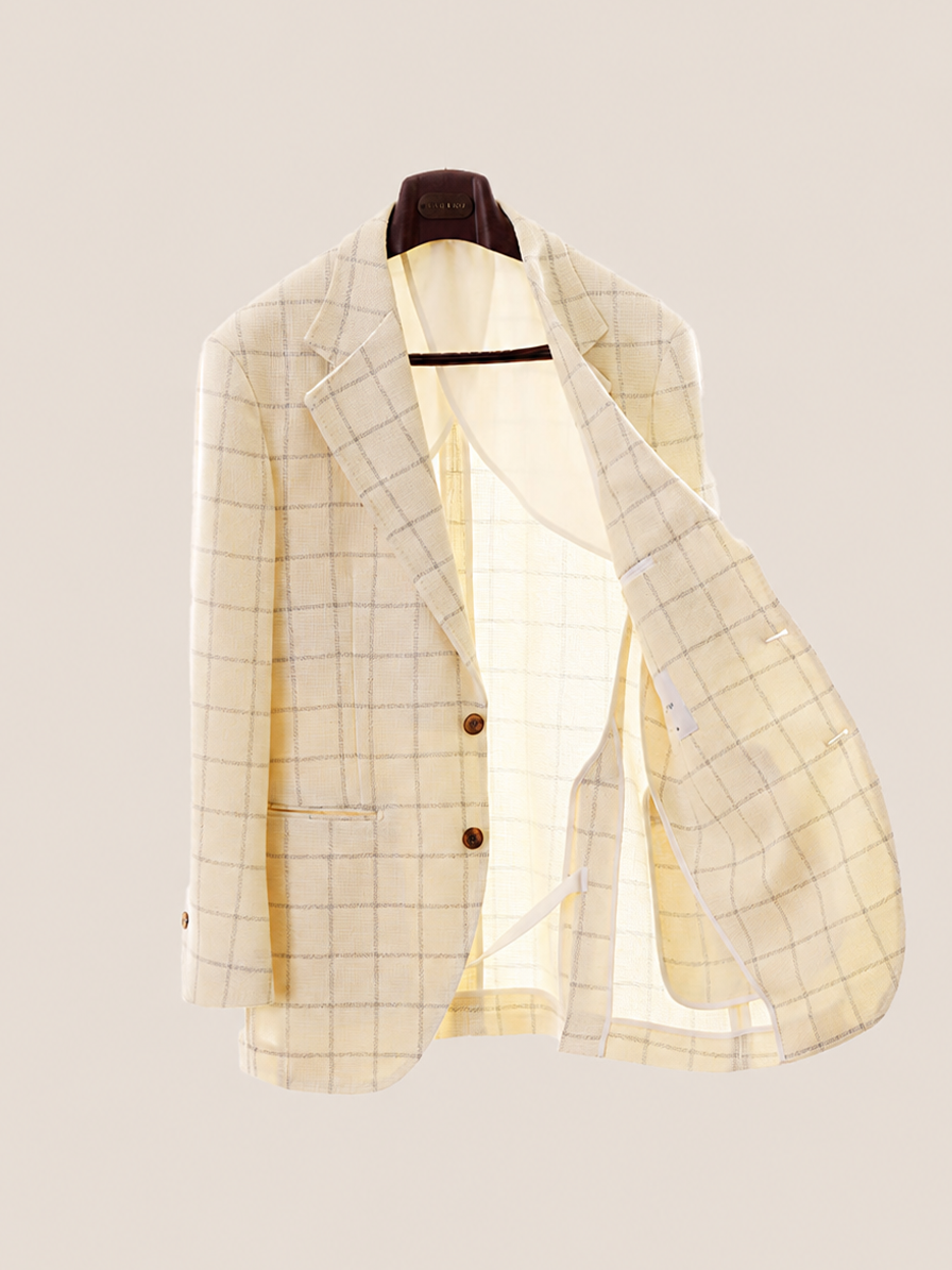 Blazer single breasted, desestruturado com lapela notched, lã mista - Off White Windowpane - CULTUM