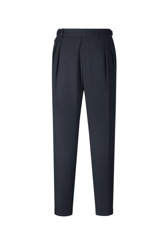Calça em modelagem italiana, em polilã, cintura alta, com ajustadores laterais - Azul marinho