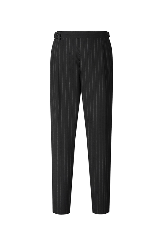 Lanifício Vitale Barberis Canonico - Calça em modelagem italiana, em lã merino 130'S, 17.25 µ, cintura alta, com ajustadores laterais - Preta risca de giz