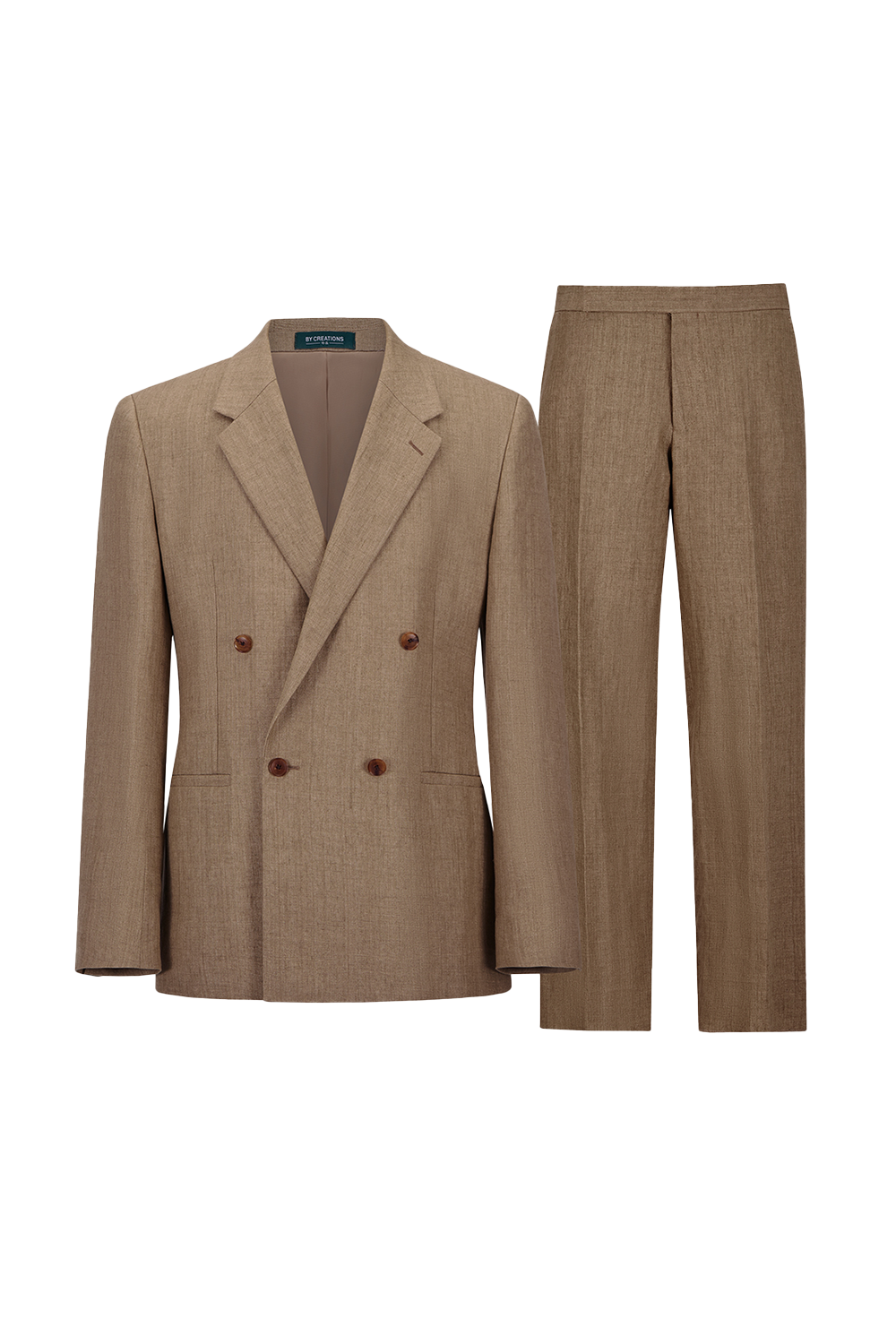 Costume double breasted 4x1, half canvas, lapela notched, 100% linho - Khaki