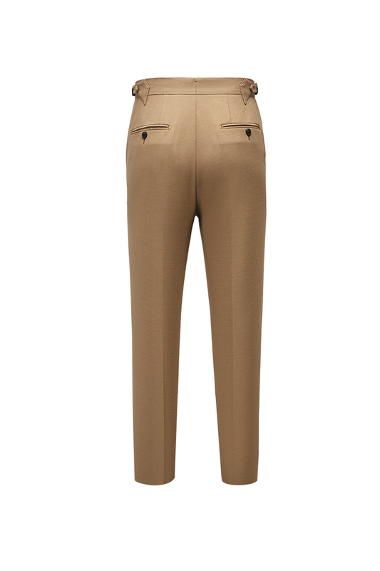 Calça em modelagem italiana, em polilã, cintura alta, com ajustadores laterais - Khaki caramelo