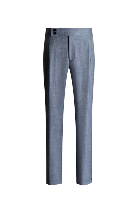 Calça em modelagem italiana, em lã tropical com cintura alta e ajustadores laterais - Azul grisalho
