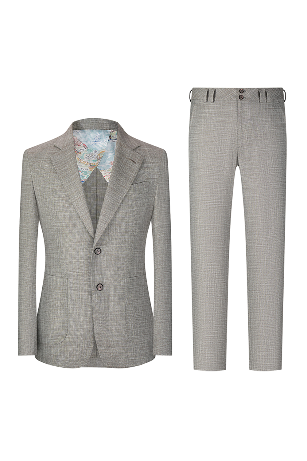 Costume desestruturado single breasted, em lã, linho, seda e fibra de bambu, com lapela notched - Cinza Bambu - BPN