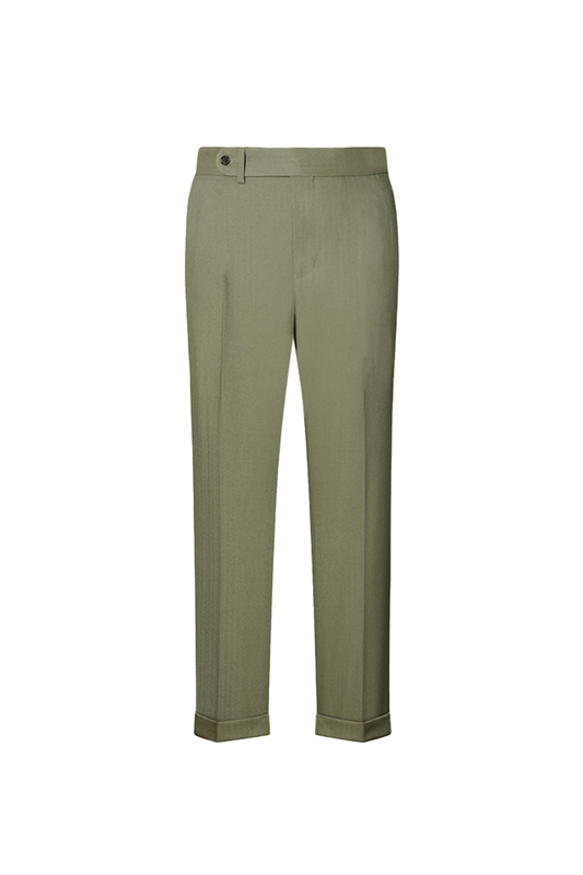 Calça em modelagem italiana, tecido espinha de peixe, cintura média, com passantes para cinto - Verde Oliva ANS