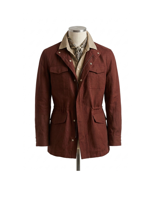 Safari Jacket, com ajuste interno, zíper e botões, em linho, algodão e tencel - Bordo Sanhr