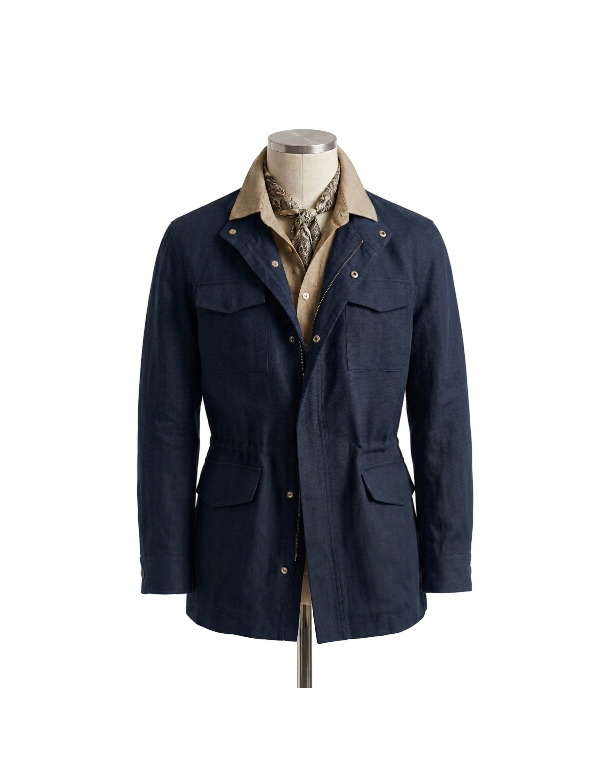 Safari Jacket, com ajuste interno, zíper e botões, em linho, algodão e tencel - Azul Sanhr