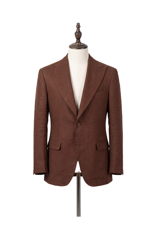 Blazer em linho puro, desestruturado single breasted, com bolsos flap e lapela peak large - Marrom PPR