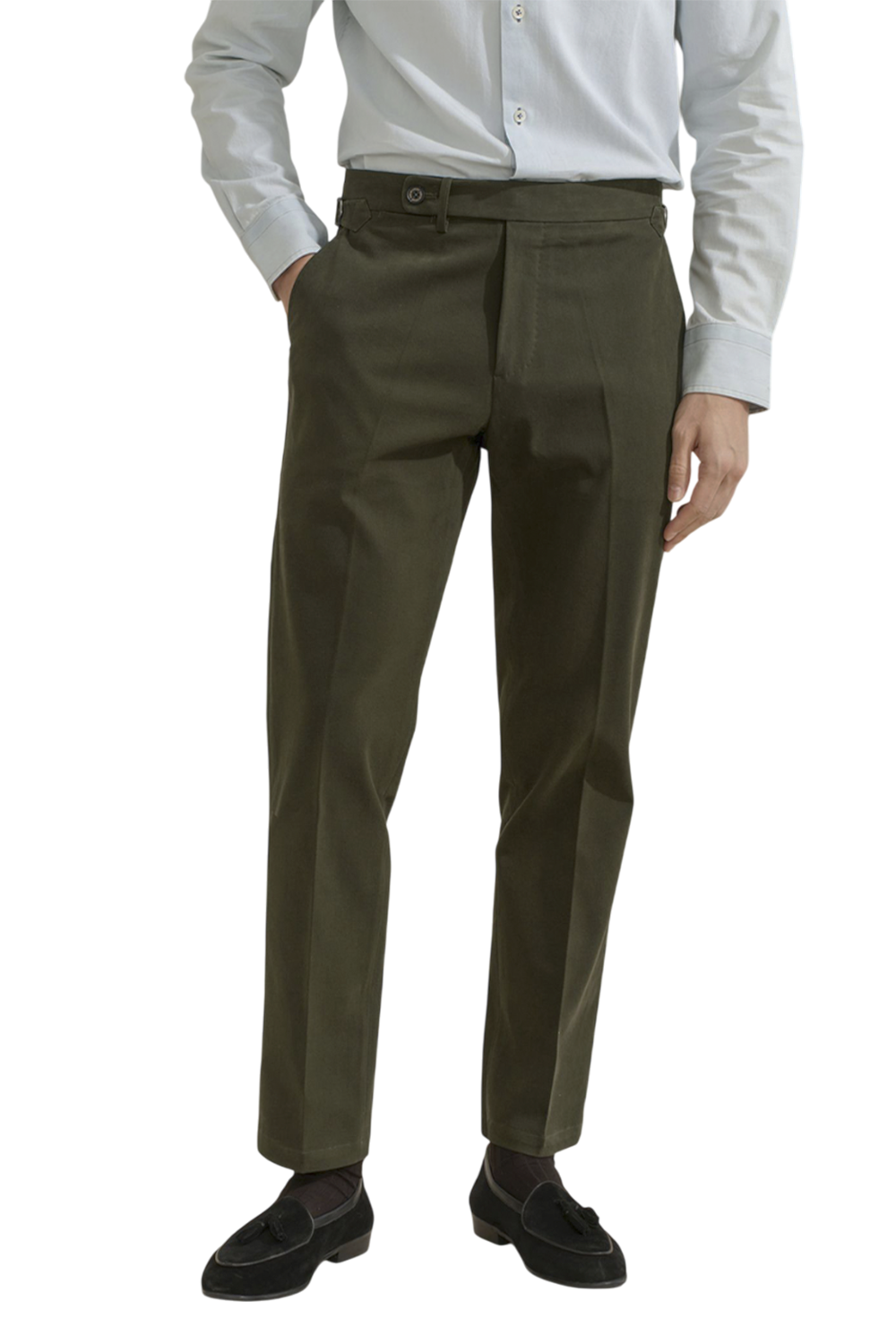 Bibury Court - Calça chino, cintura média, em sarja de algodão com elastano, com ajustadores laterais - Verde