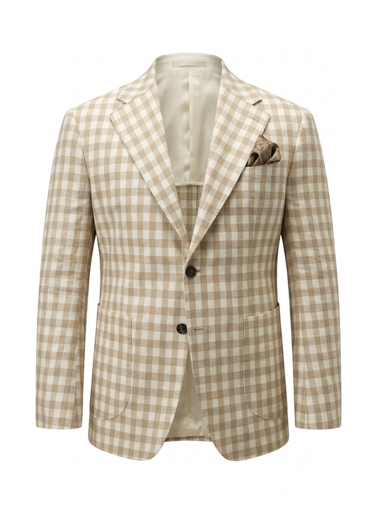 Blazer desestruturado single breasted, Lyocell com linho 210g/m², lapela notched - Bege Gingham PPR