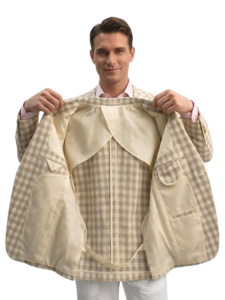 Blazer desestruturado single breasted, Lyocell com linho 210g/m², lapela notched - Bege Gingham PPR