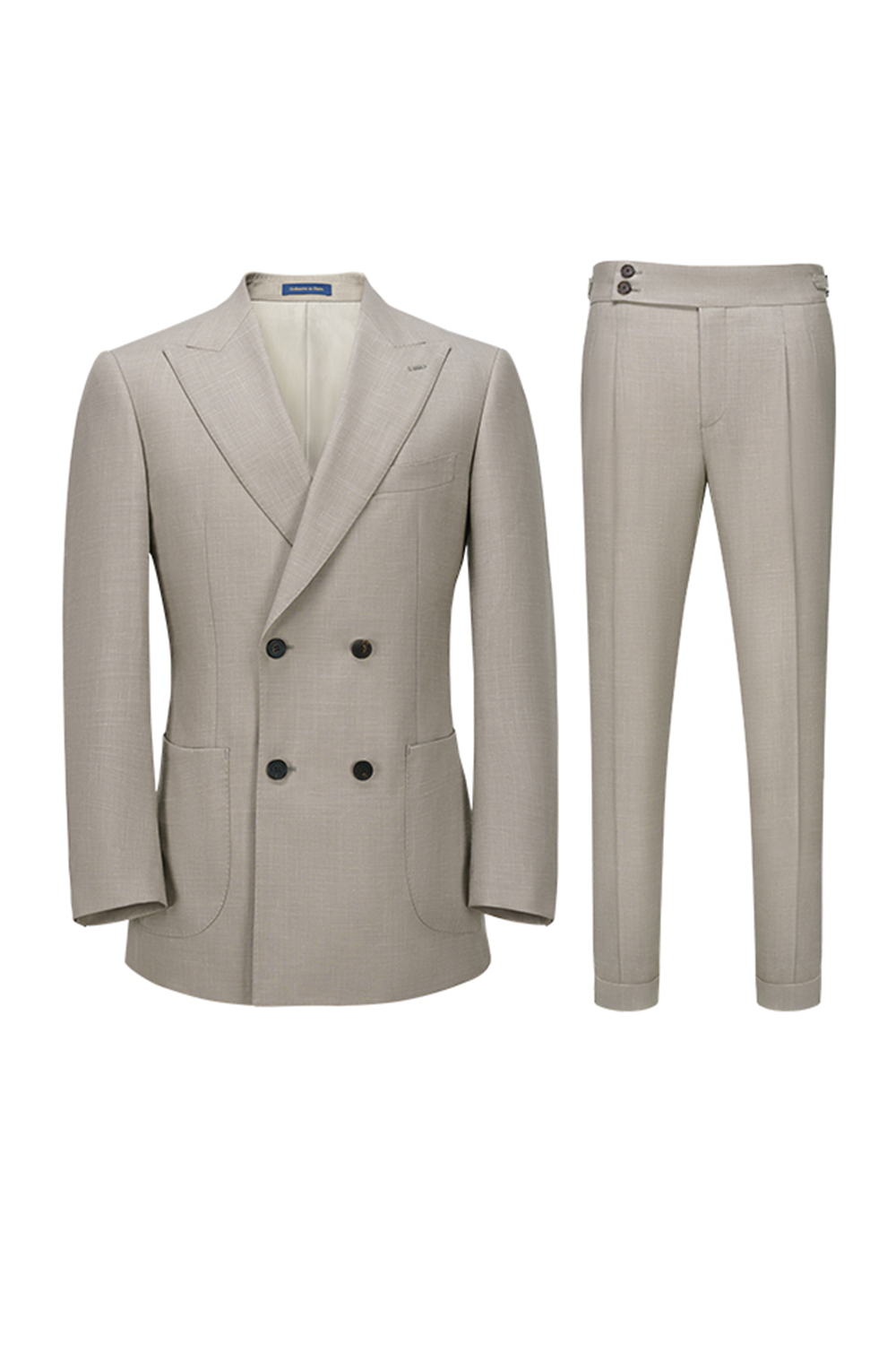 Costume double breasted 4x1, lapela peak, em lã com linho - Bege taupe