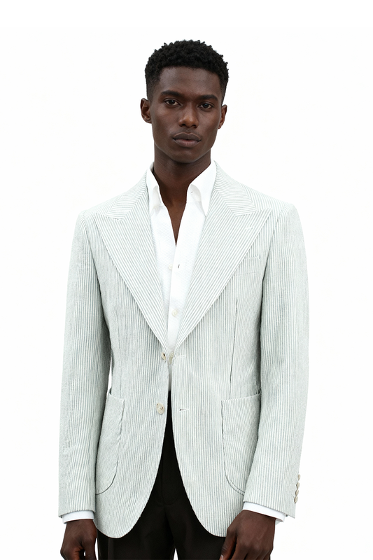 Blazer em tecido seersucker, single breasted com lapela peak - Listras verdes HNR