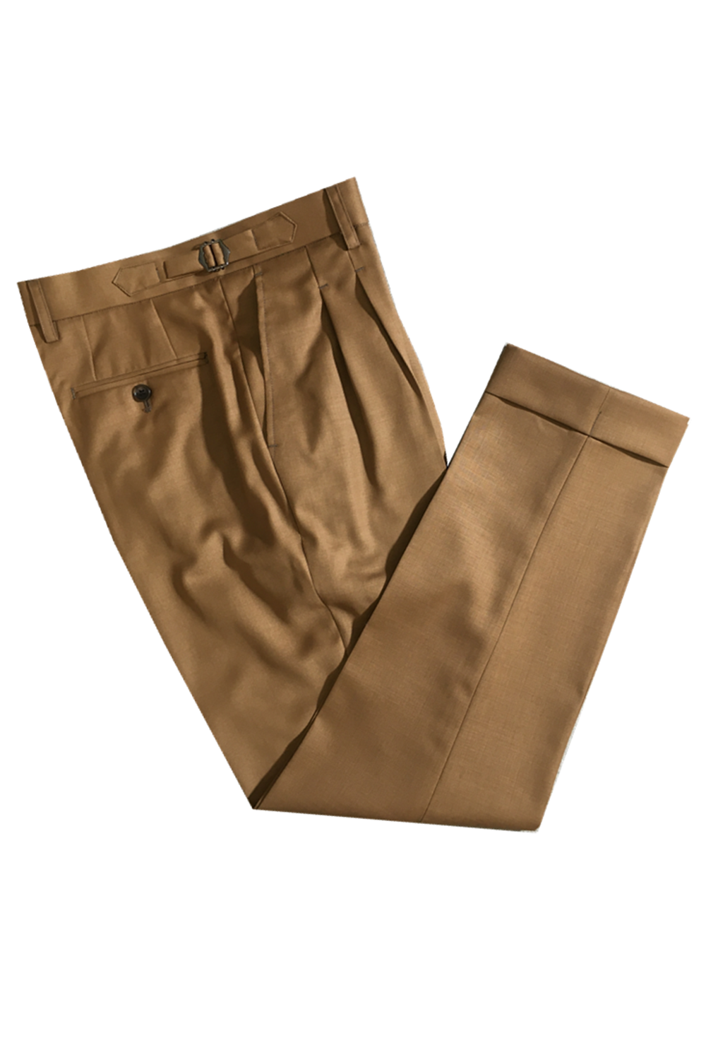 Calça em modelagem italiana em lã tropical, cintura alta, com ajustadores laterais e passantes - Brit Khaki Caramelo