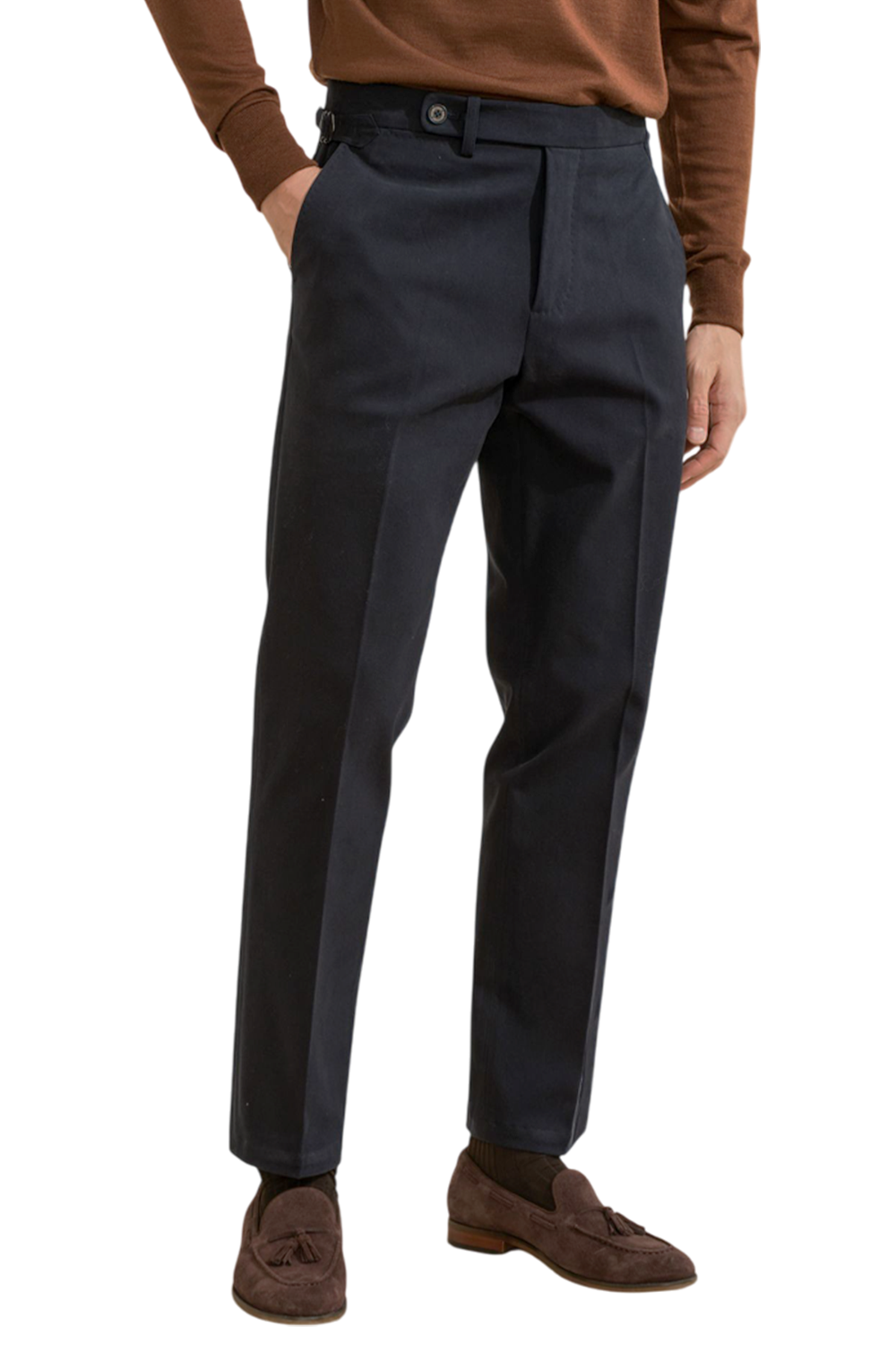 Bibury Court - Calça chino, cintura média, em sarja de algodão com elastano, com ajustadores laterais - Azul Marinho