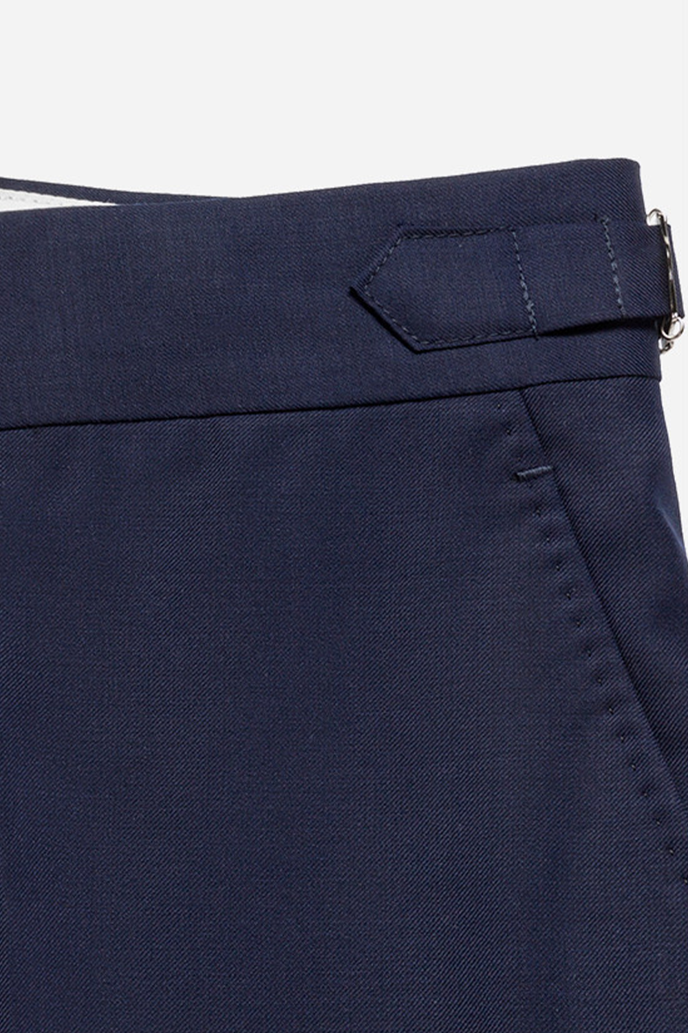 Calça cintura alta com ajustadores laterais e barra italiana, em lã tropical - Azul Marinho SKA