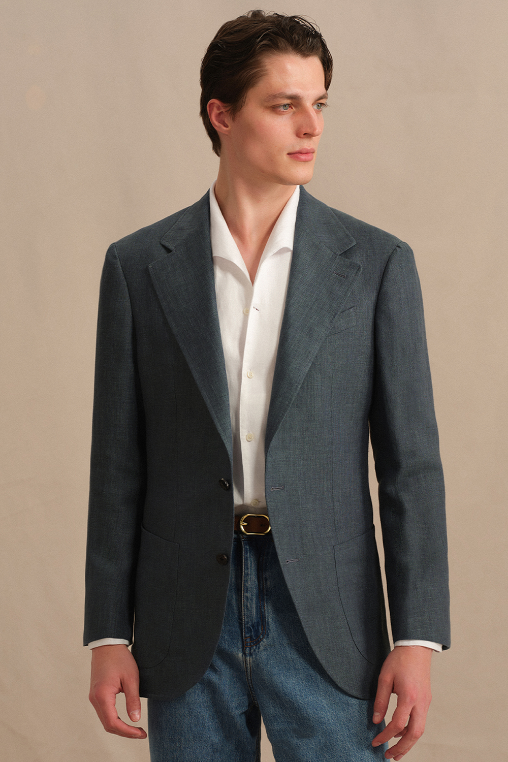 Blazer single breasted, desestruturado com lapela notched, 100% linho - Azul pavão ACT
