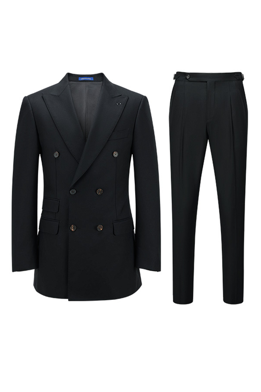 Costume double breasted 6x2, lapela peak, em lã tropical com seda - Preto