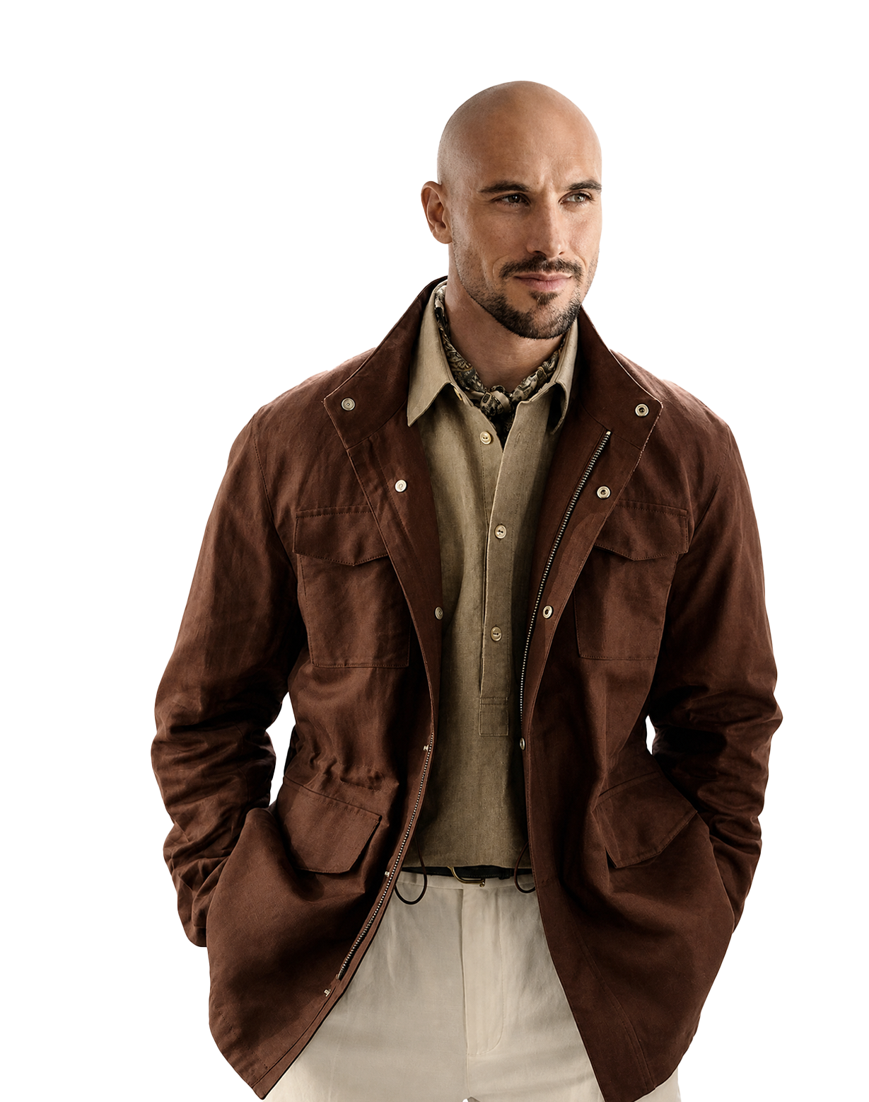 Safari Jacket, com ajuste interno, zíper e botões, em linho, algodão e tencel - Bordo Sanhr