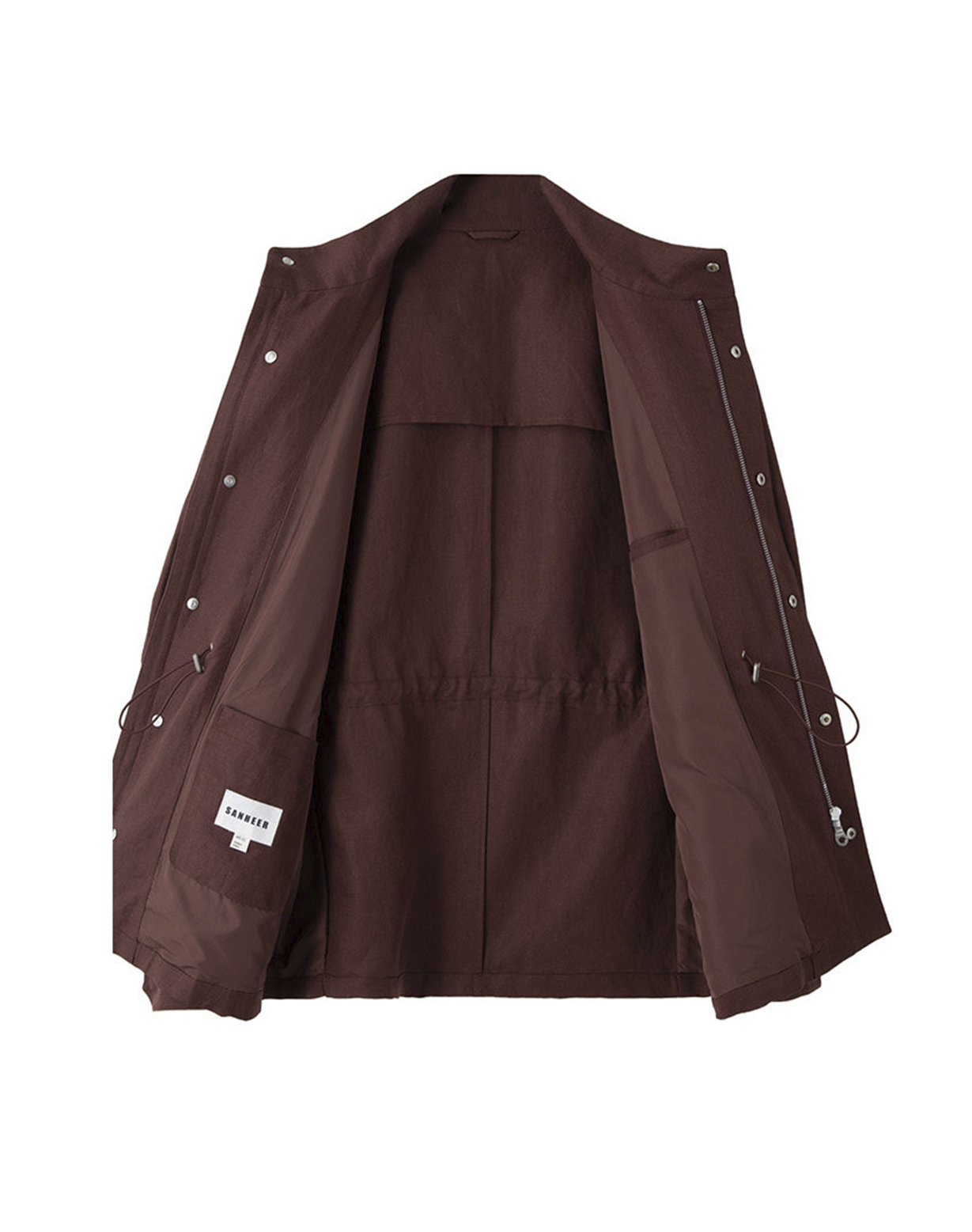 Safari Jacket, com ajuste interno, zíper e botões, em linho, algodão e tencel - Bordo Sanhr
