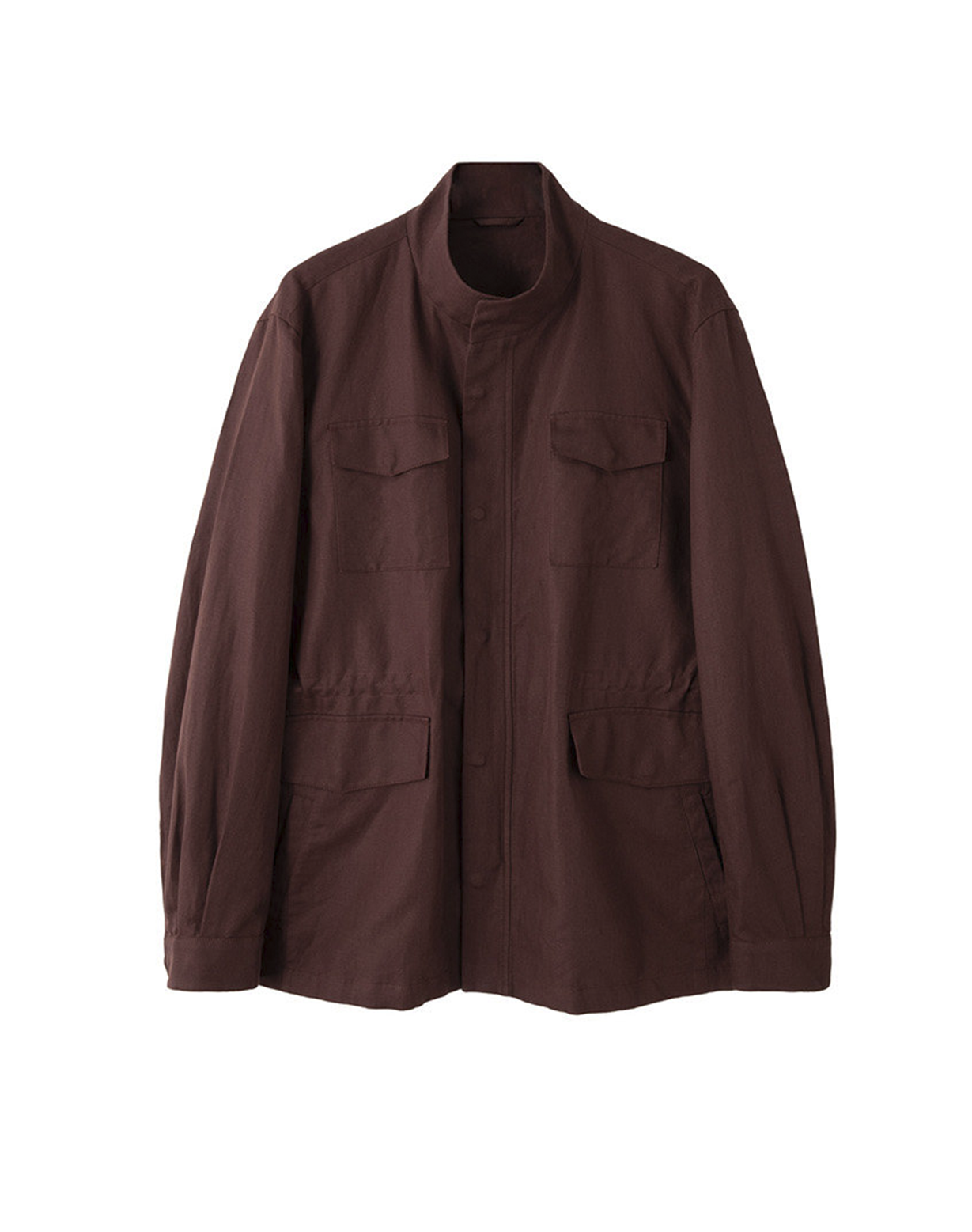 Safari Jacket, com ajuste interno, zíper e botões, em linho, algodão e tencel - Bordo Sanhr