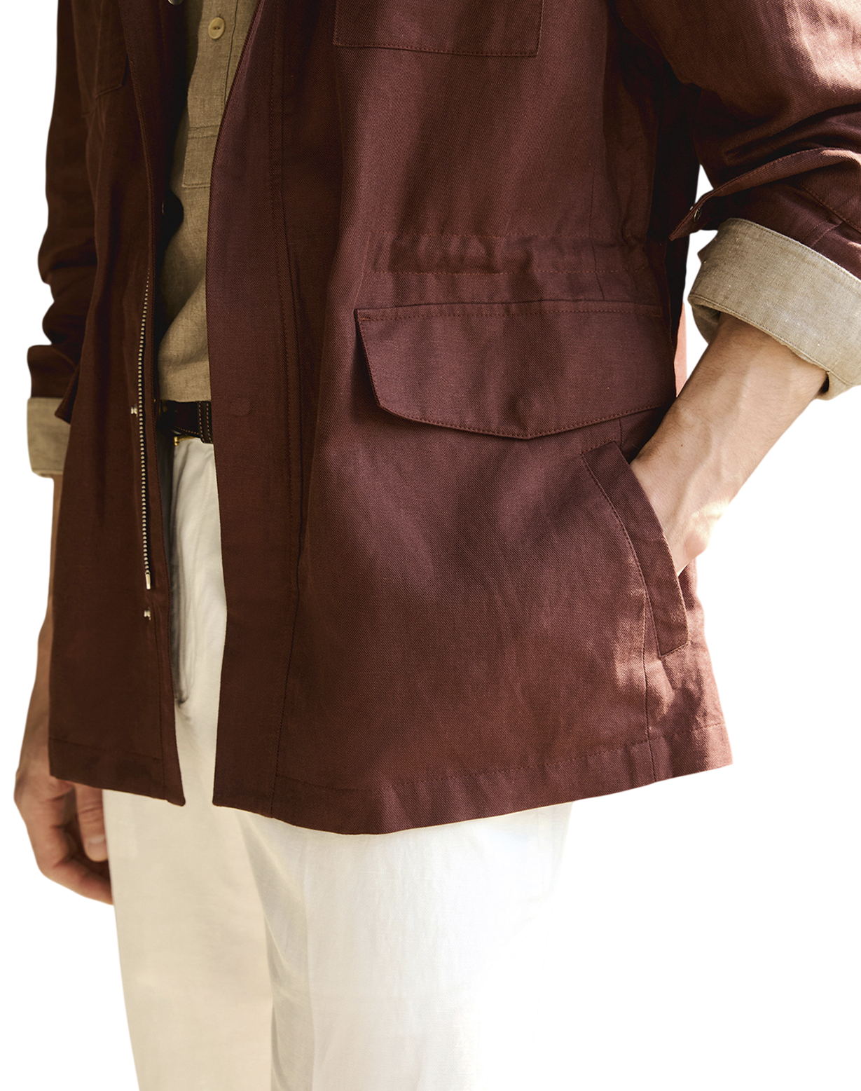 Safari Jacket, com ajuste interno, zíper e botões, em linho, algodão e tencel - Bordo Sanhr
