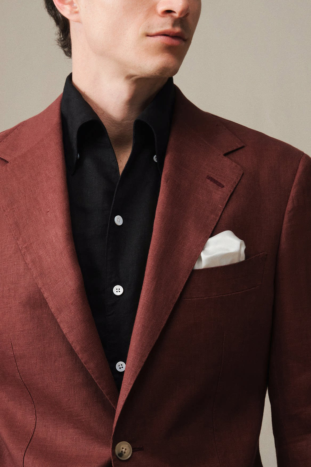 Costume single breasted, lapela notched, 100% linho - Borgonha FMY