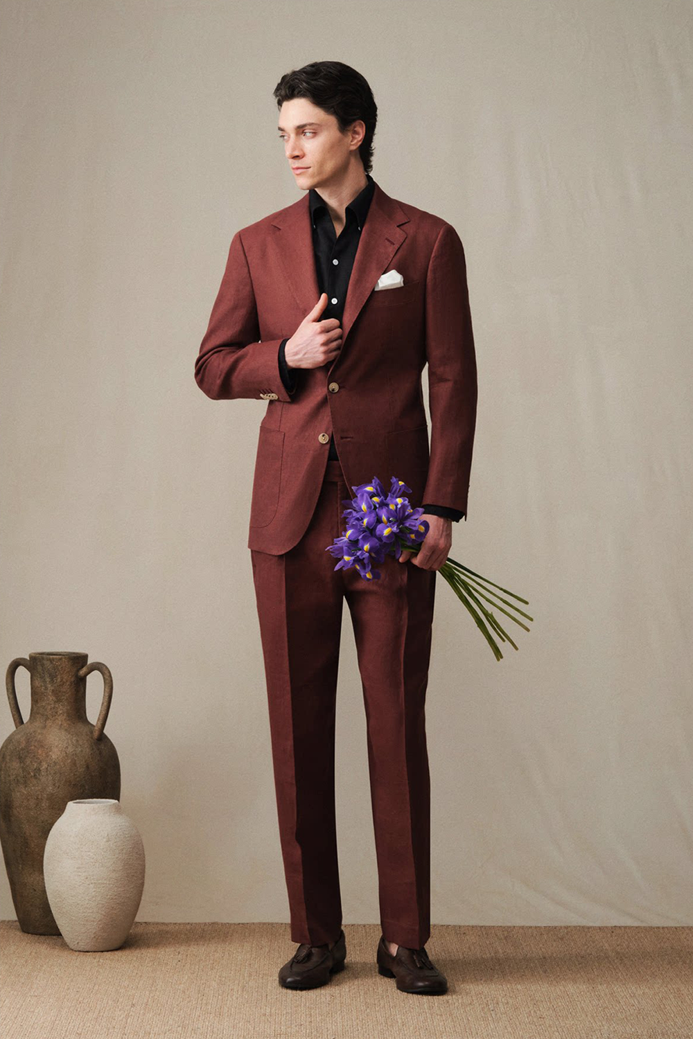 Costume single breasted, lapela notched, 100% linho - Borgonha FMY