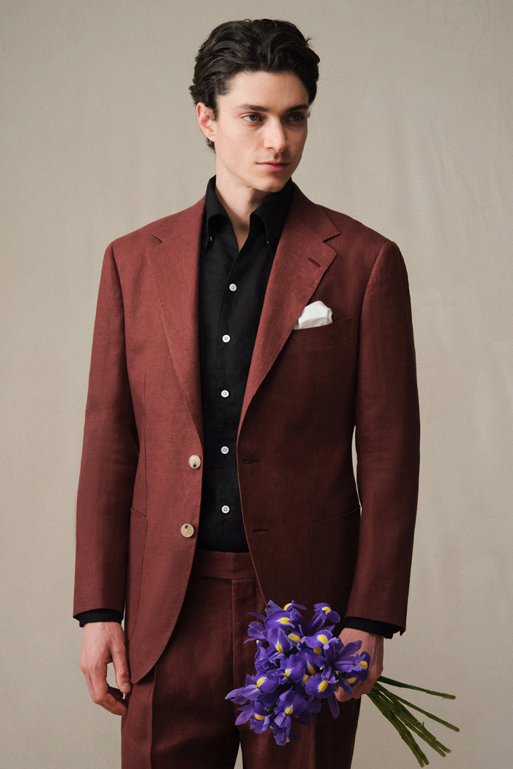 Costume single breasted, lapela notched, 100% linho - Borgonha FMY