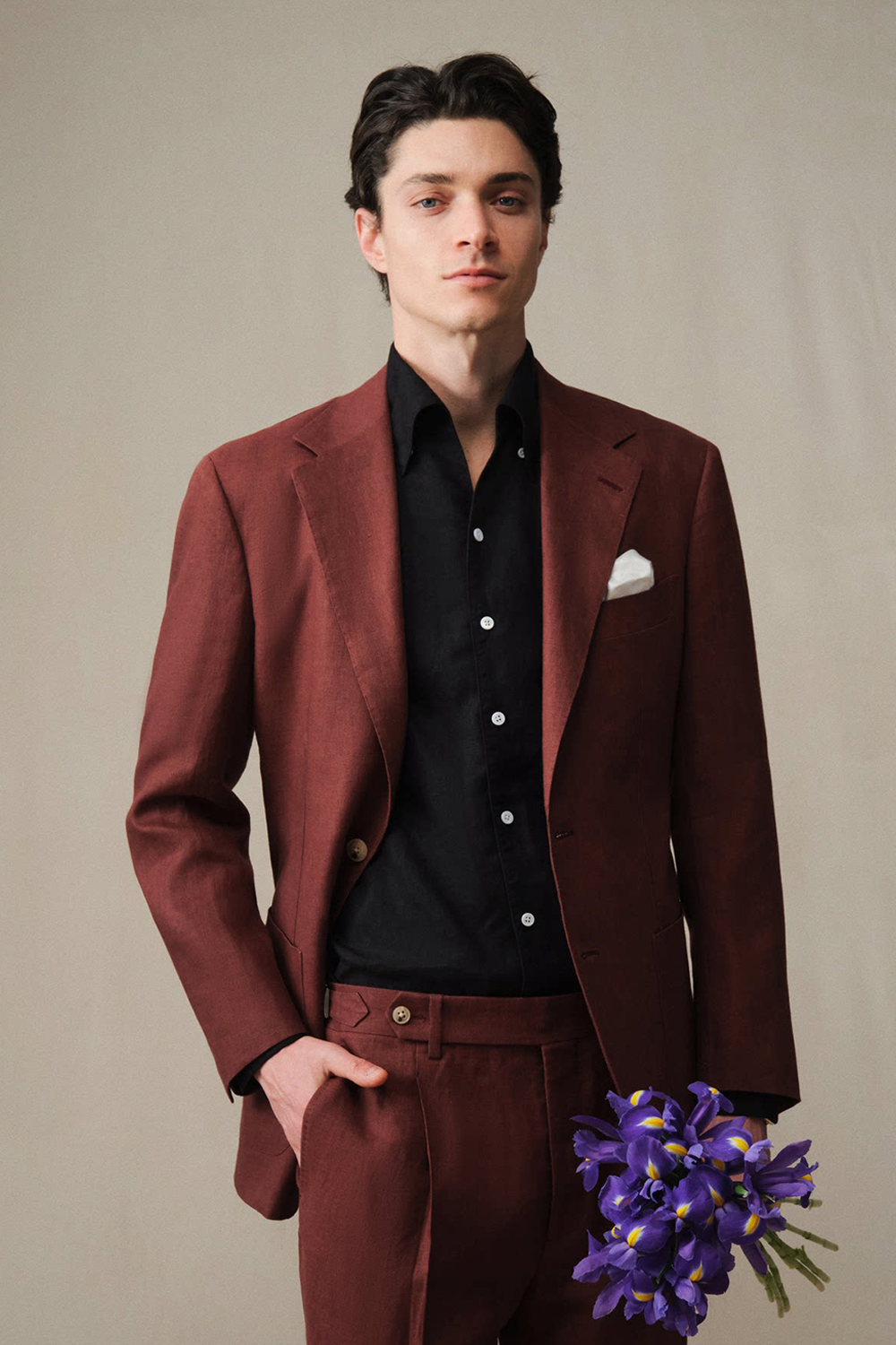 Costume single breasted, lapela notched, 100% linho - Borgonha FMY