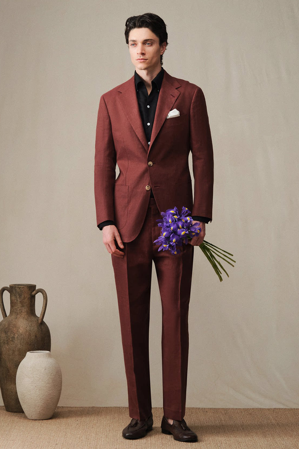 Costume single breasted, lapela notched, 100% linho - Borgonha FMY