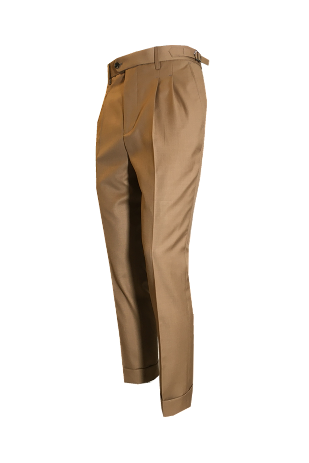 Calça em modelagem italiana em lã tropical, cintura alta, com ajustadores laterais e passantes - Brit Khaki Caramelo