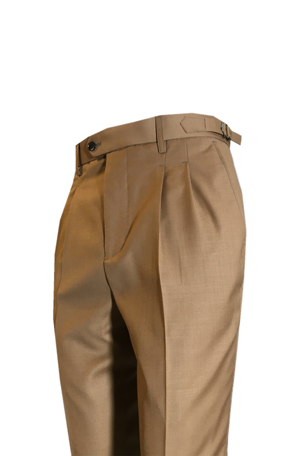 Calça em modelagem italiana em lã tropical, cintura alta, com ajustadores laterais e passantes - Brit Khaki Caramelo