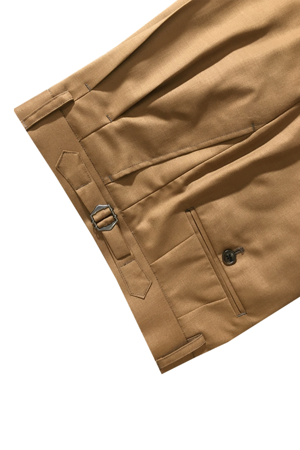 Calça em modelagem italiana em lã tropical, cintura alta, com ajustadores laterais e passantes - Brit Khaki Caramelo