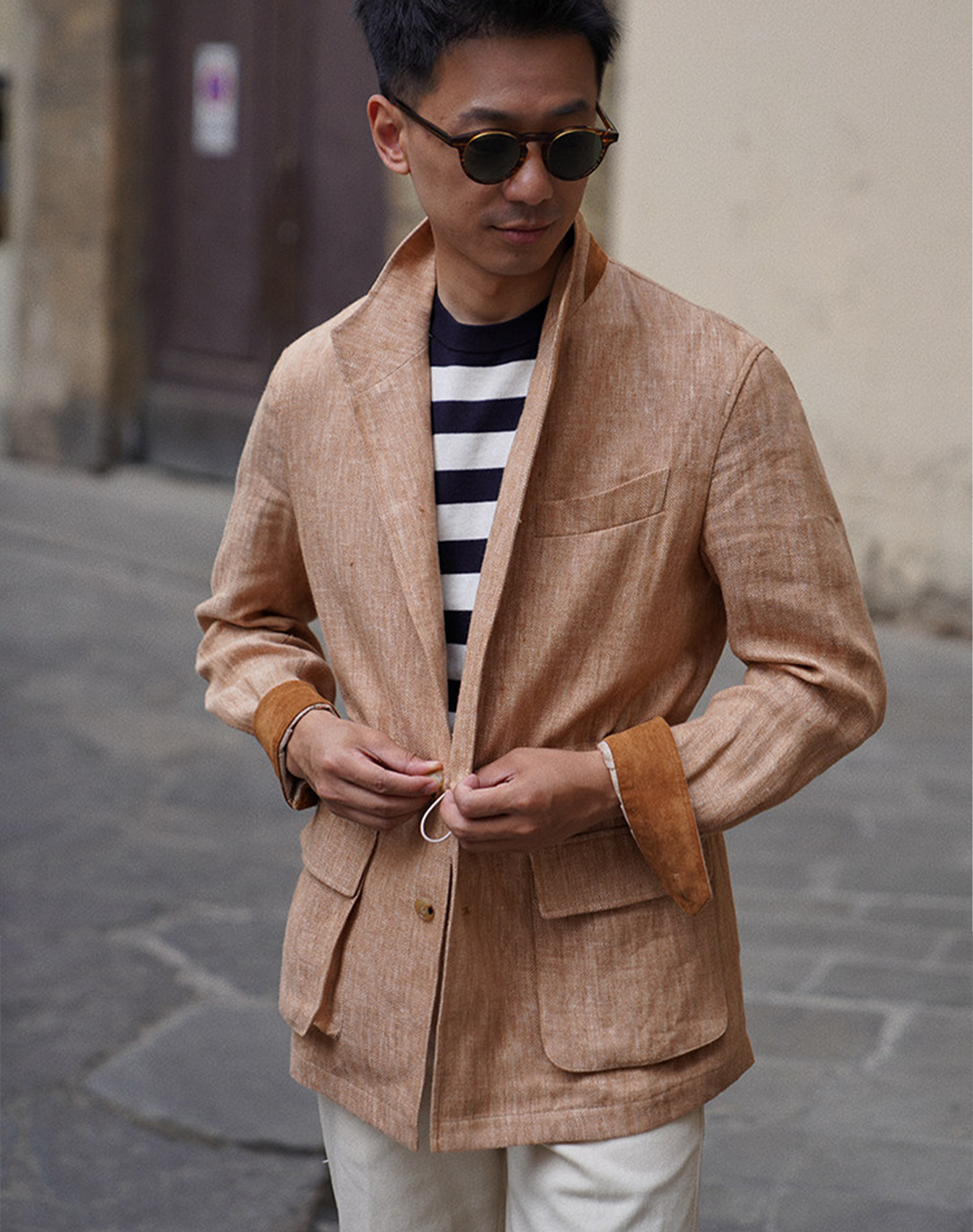 CARMURAT  - Safari Jacket desestruturado, com ajuste interno, 100% linho espinha de peixe - Caramelo LINEN CLUB