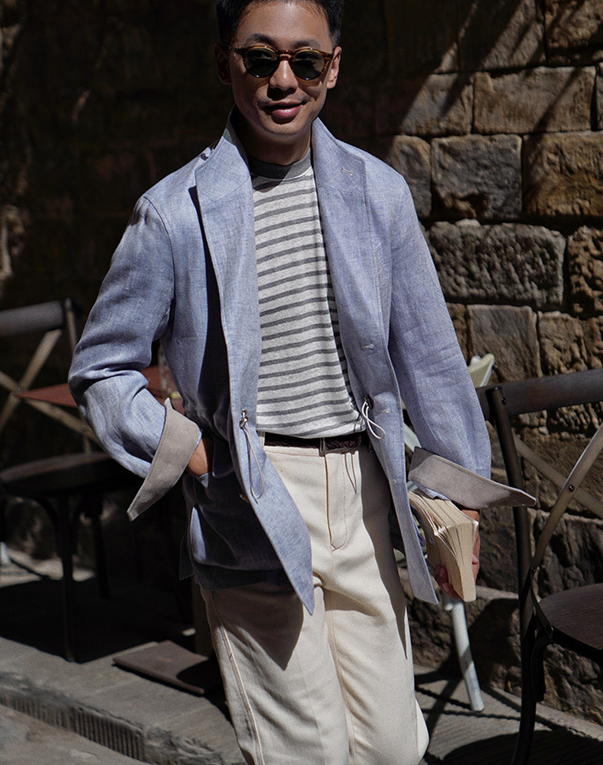 CARMURAT  - Safari Jacket desestruturado, com ajuste interno, 100% linho espinha de peixe - Azul Powder LINEN CLUB
