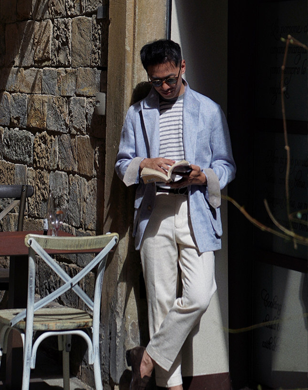 CARMURAT  - Safari Jacket desestruturado, com ajuste interno, 100% linho espinha de peixe - Azul Powder LINEN CLUB