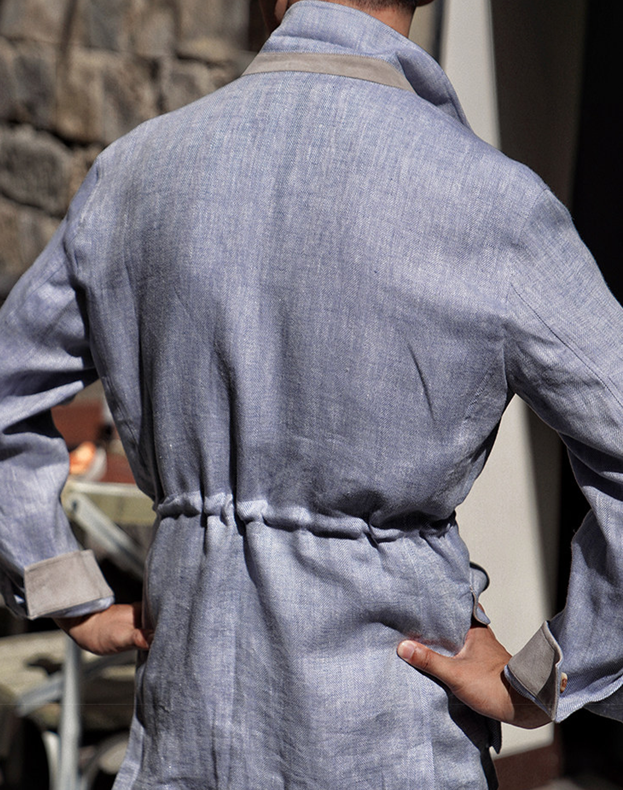CARMURAT  - Safari Jacket desestruturado, com ajuste interno, 100% linho espinha de peixe - Azul Powder LINEN CLUB