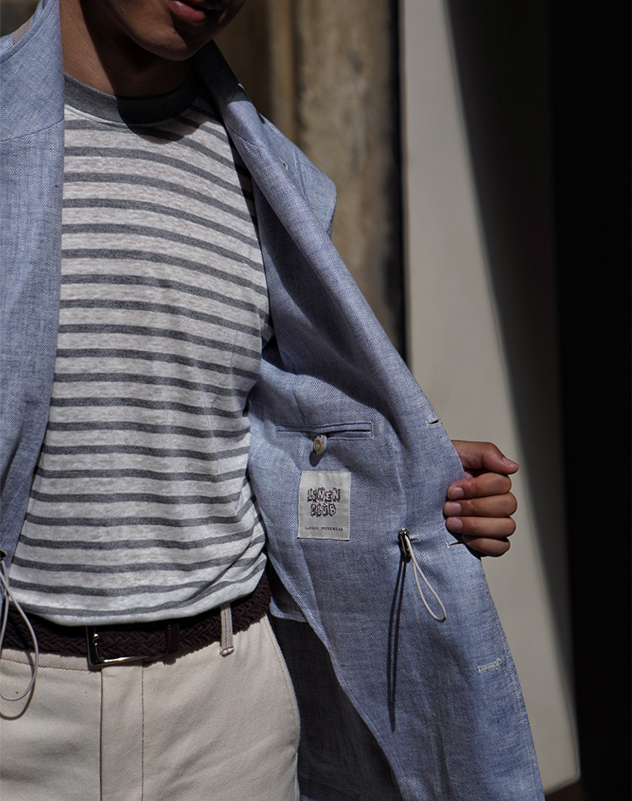 CARMURAT  - Safari Jacket desestruturado, com ajuste interno, 100% linho espinha de peixe - Azul Powder LINEN CLUB