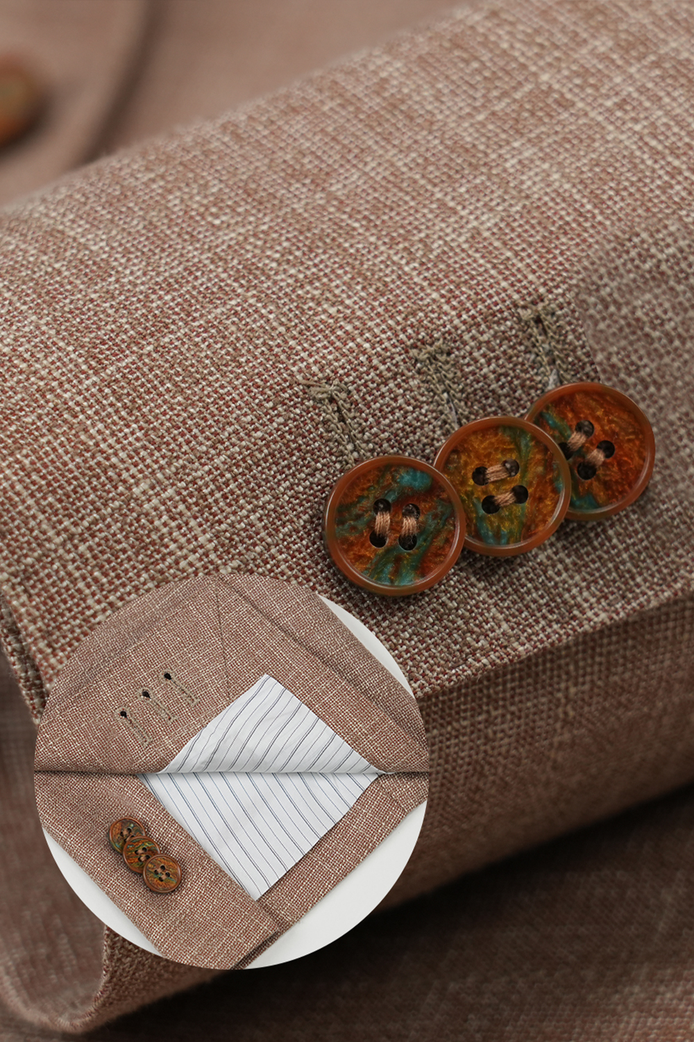 Blazer desestruturado single breasted, em lã, linho, seda e fibra de bambu, com lapela notched - Khaki Salmão BPN