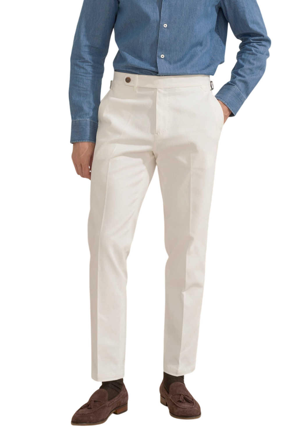 Bibury Court - Calça chino, cintura média, em sarja de algodão com elastano, com ajustadores laterais - Branca