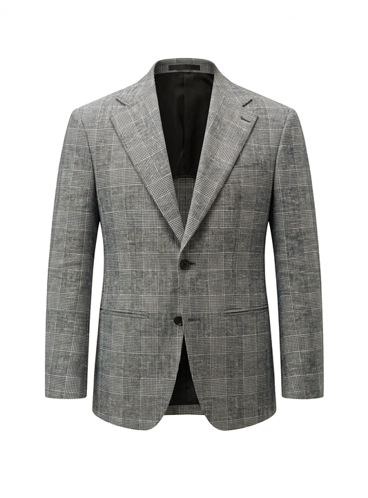 Blazer half linen single breasted, 100% linho 195g/m², lapela notched large - Príncipe de Gales Cinza PPR