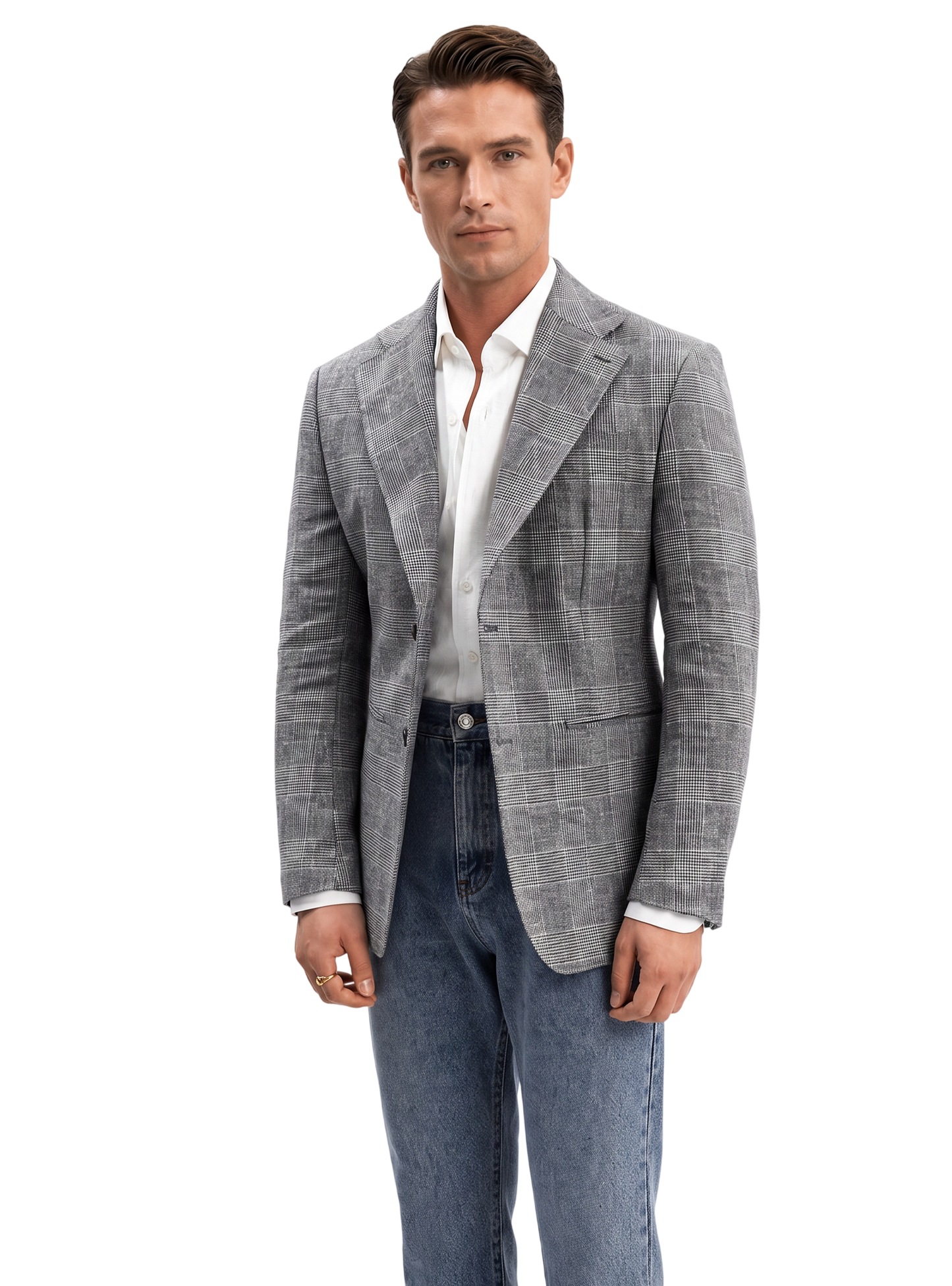 Blazer half linen single breasted, 100% linho 195g/m², lapela notched large - Príncipe de Gales Cinza PPR