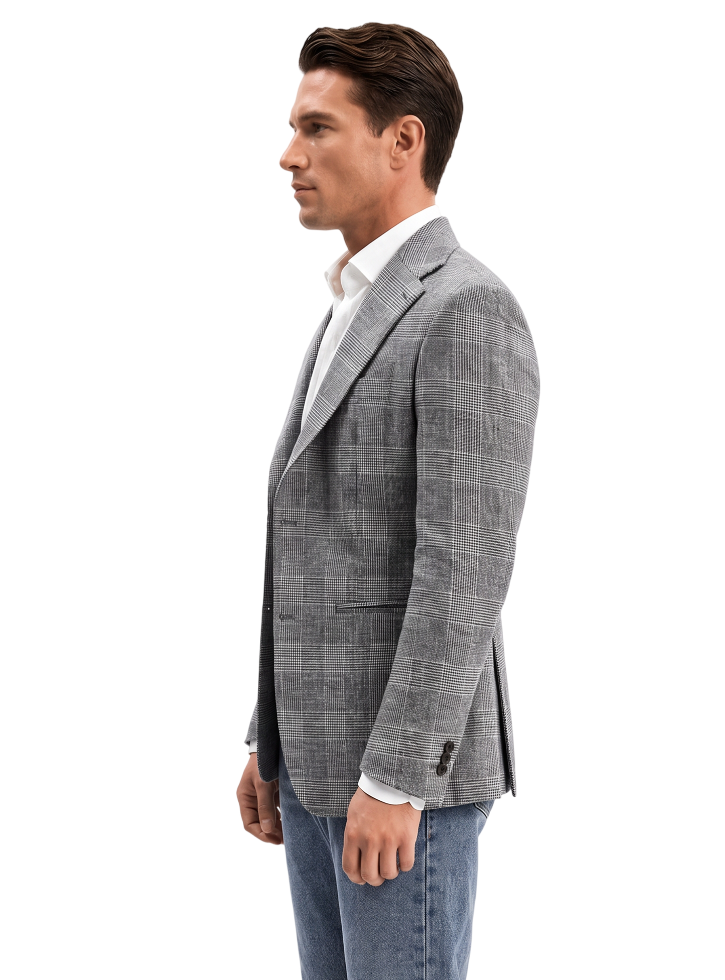 Blazer half linen single breasted, 100% linho 195g/m², lapela notched large - Príncipe de Gales Cinza PPR