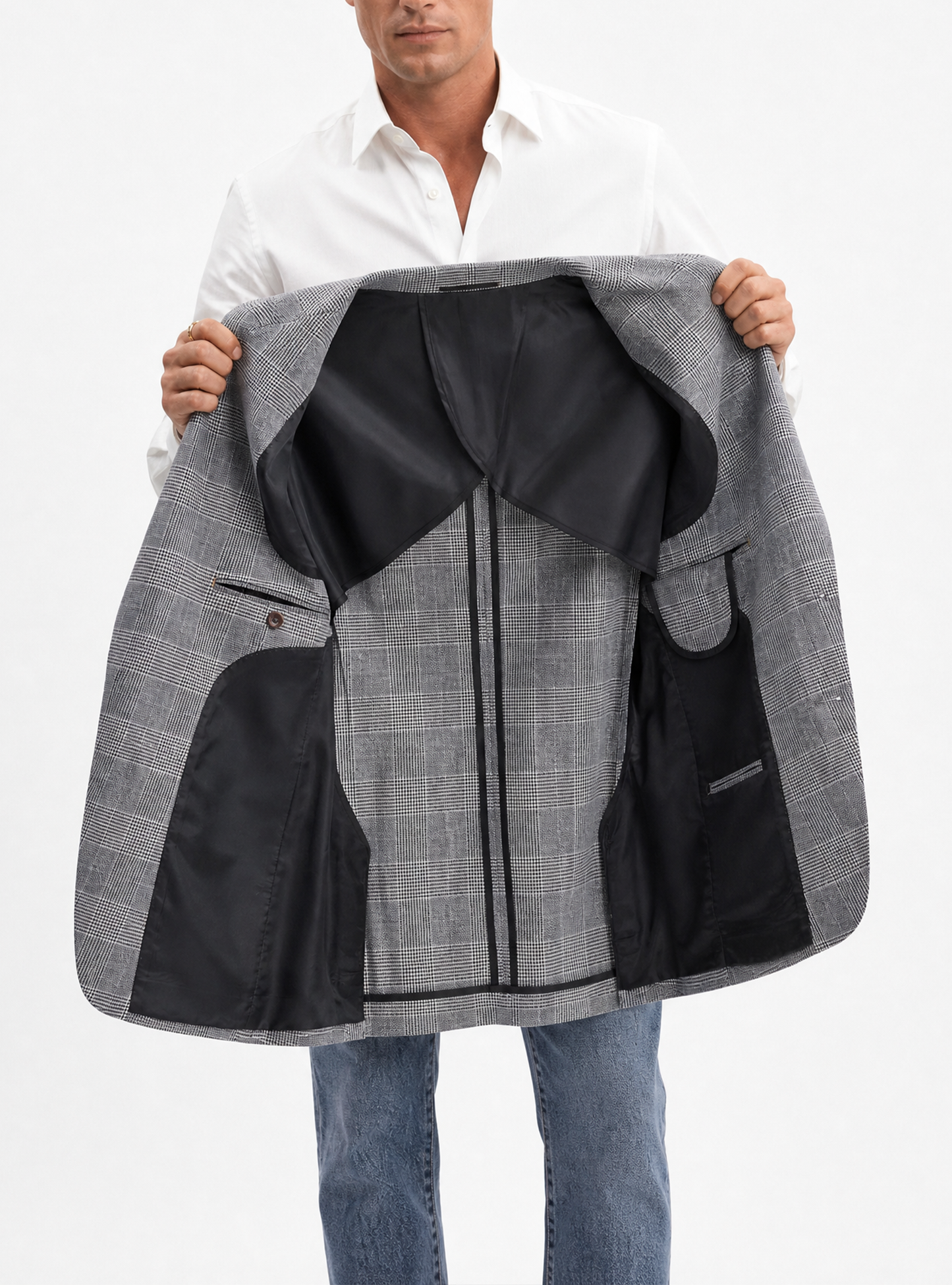 Blazer half linen single breasted, 100% linho 195g/m², lapela notched large - Príncipe de Gales Cinza PPR