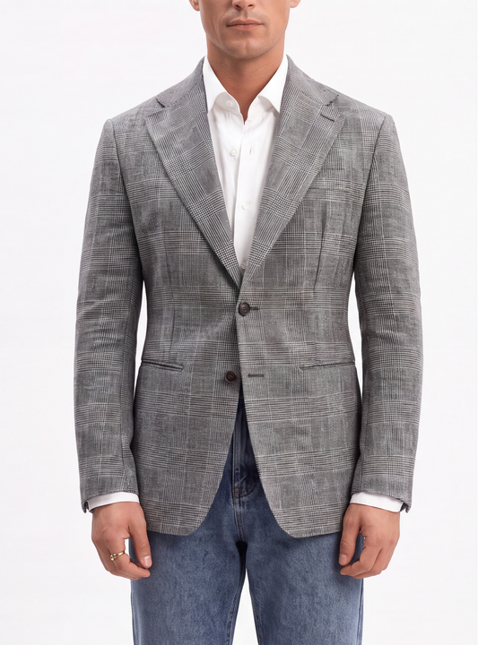 Blazer half linen single breasted, 100% linho 195g/m², lapela notched - Príncipe de Gales Cinza PPR