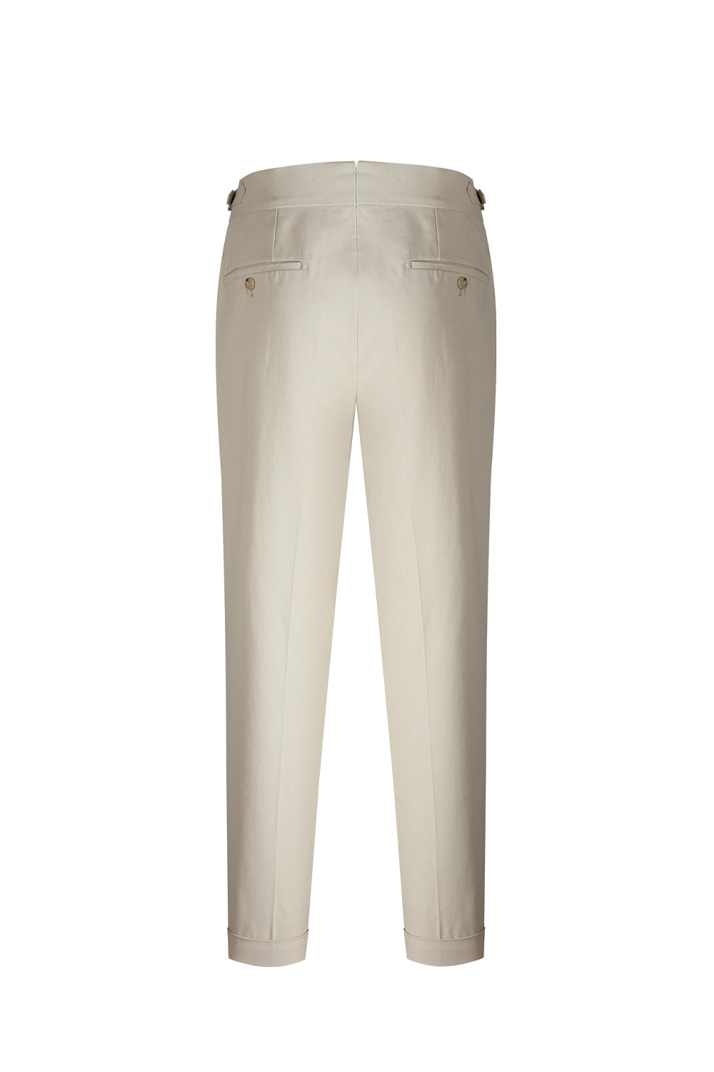 Calça em modelagem italiana 100% algodão, pregas, cintura alta, com ajustadores laterais - Off White GVC