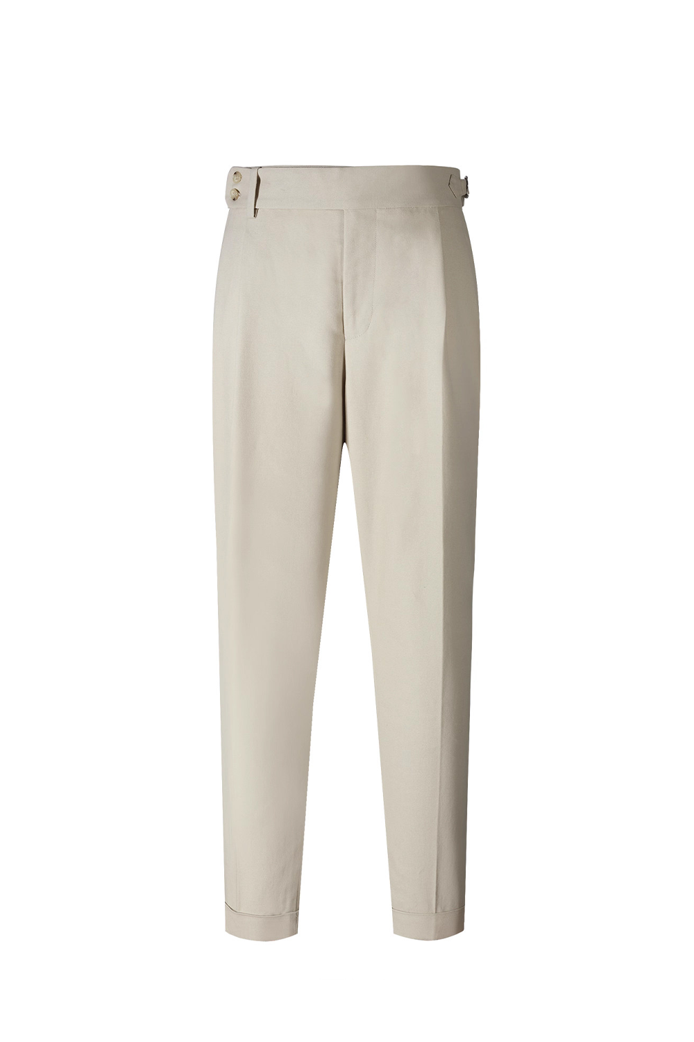 Calça em modelagem italiana 100% algodão, pregas, cintura alta, com ajustadores laterais - Off White GVC