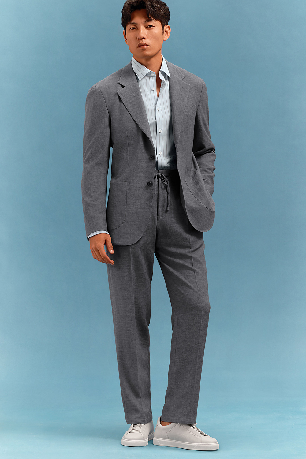 Lanifício MT Gerald - Costume single breasted, desestruturado, unlined, em lã, poli e seda, lapela notched - Cinza Espinha de peixe- SKR